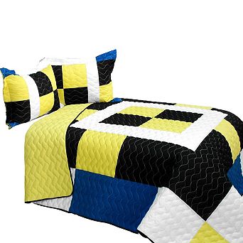 3 pc Modern Color Block TC Fabric Quilt Bedding Set with Textured Stitching and Shams