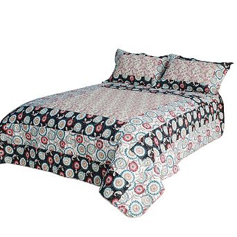 Floral Patchwork Quilt Set Cotton Bedspread with Vermicelli Quilting and Matching Shams