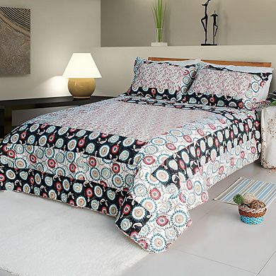 Floral Patchwork Quilt Set Cotton Bedspread with Vermicelli Quilting and Matching Shams