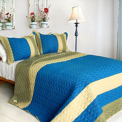 3 Piece Reversible Wave Pattern Quilt Set Patchwork Cotton Bedspread Set with Pillow Shams