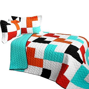 3 pc Modern Color Block TC Fabric Quilt Bedding Set with Textured Stitching and Shams
