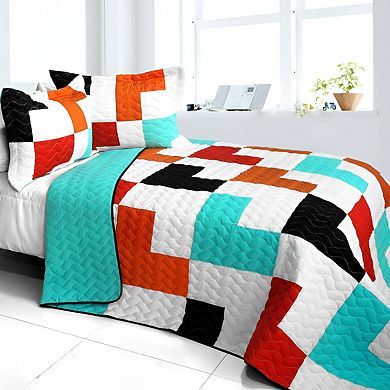 3pc Modern Color Block TC Fabric Quilt Bedding Set with Textured Stitching and Shams