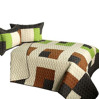 3 pc Color Block TC Fabric Quilt Bedding Set with Vermicelli Stitch Texture and Quilted Shams