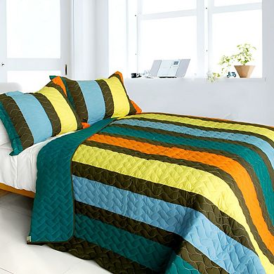 3Pc Vertical Stripe Patchwork Quilt Set Cotton Bedspread with Vermicelli Quilting and Matching Shams