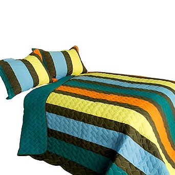 3 pc Vertical Stripe Patchwork Quilt Set Cotton Bedspread with Vermicelli Quilting and Matching Shams