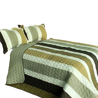 3 pc Vertical Stripe Patchwork Quilt Set Cotton Bedspread with Vermicelli Quilting and Matching Shams
