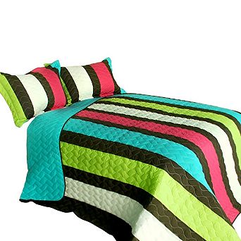 3 pc Vertical Stripe Patchwork Quilt Set Cotton Bedspread with Vermicelli Quilting and Matching Shams
