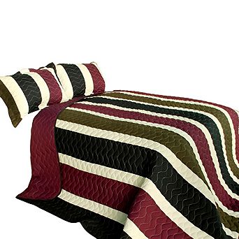 3 pc Vertical Stripe Patchwork Quilt Set Cotton Bedspread with Vermicelli Quilting and Matching Shams