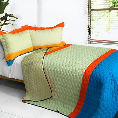 3Pc Horizontal Stripe Patchwork Quilt Set Vermicelli Quilted Bedspread with Matching Shams