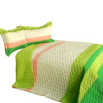 3 pc Horizontal Stripe Patchwork Quilt Set Vermicelli Quilted Bedspread with Matching Shams