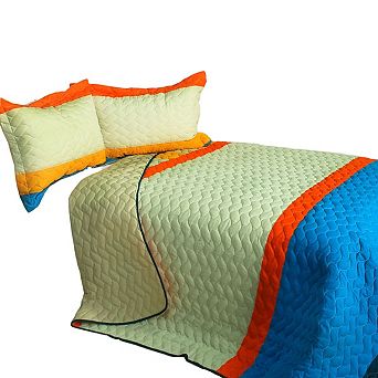 3 pc Horizontal Stripe Patchwork Quilt Set Vermicelli Quilted Bedspread with Matching Shams