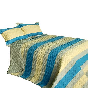 3 pc Horizontal Stripes Patchwork Quilt Set Bed Quilt with Two Matching Quilted Shams Bedding Set