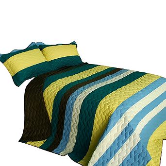 3 pc Horizontal Stripes Patchwork Quilt Set Bed Quilt with Two Matching Quilted Shams Bedding Set