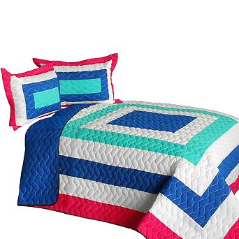 Geometric Patchwork Vermicelli Quilted Quilt Set 3 pc Reversible Lightweight Bedding Ensemble