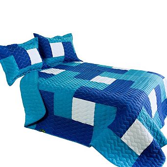 Reversible Patchwork Quilt Set 3 pc Vermicelli Stitching Lightweight Bedspread for Everyday Use