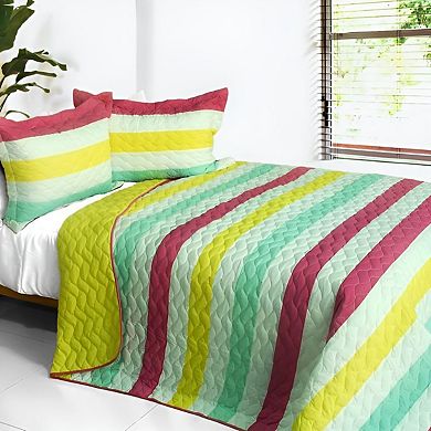 3 Piece Quilt Set Horizontal Striped Patchwork Vermicelli Quilted Bedding with Shams