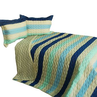 3 pc Quilt Set Horizontal Striped Patchwork Vermicelli Quilted Bedding with Shams