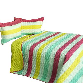 3 pc Quilt Set Horizontal Striped Patchwork Vermicelli Quilted Bedding with Shams