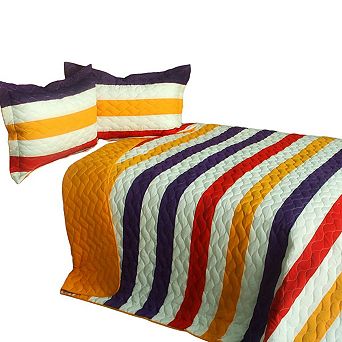 3 pc Quilt Set Horizontal Striped Patchwork Vermicelli Quilted Bedding with Shams