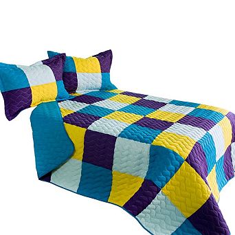 Reversible Patchwork Quilt Set 3 pc Vermicelli Stitching Lightweight Bedspread Set