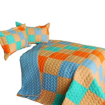 Patchwork Full Queen Quilt Set 3 pc Vermicelli Quilted Bedding Set