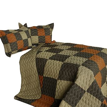 Patchwork Full Queen Quilt Set 3 pc Vermicelli Quilted Bedding Set