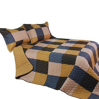 3 pc Patchwork Quilt Set Vermicelli Quilted Reversible All Season Bedspread