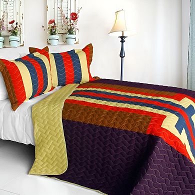 Set of 3 Vertical Stripe Patchwork Quilt Set with Matching Pillow Shams Bedding Set