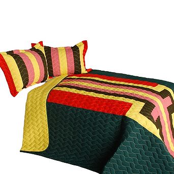 Set of 3 Vertical Stripe Patchwork Quilt Set with Matching Pillow Shams Bedding Set