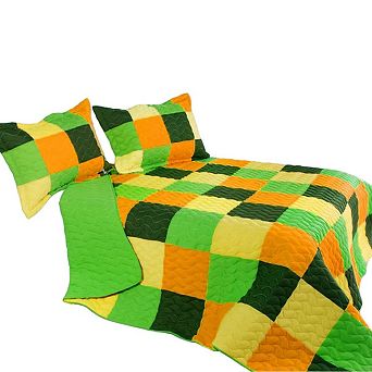 3 pc Patchwork Quilt Set Vermicelli Quilted Reversible Lightweight Bedding Set