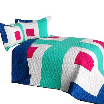 3 pc Vermicelli Quilted Geometric Patchwork Quilt Set with Shams Reversible Bedroom Bedding Set