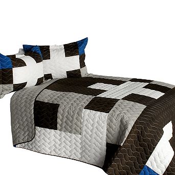3 pc Patchwork Geometric Quilt Vermicelli Quilted Bedding Set with Matching Pillow Shams