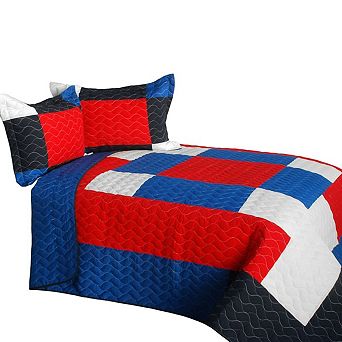3 pc Geometric Patchwork Quilt Set Bedding with Shams TC Fabric Vermicelli Stitch Bedroom Set