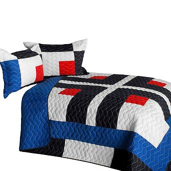 3 pc Patchwork Geometric Quilt Vermicelli Quilted Bedding with Shams