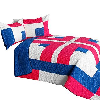 3 pc Patchwork Geometric Quilt Vermicelli Quilted Bedding with Shams