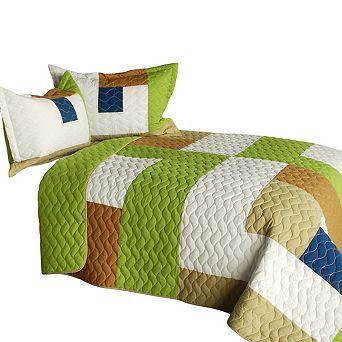 Geometric Patchwork Bed Quilt Set 3 pc Vermicelli Quilted Shams Included Set
