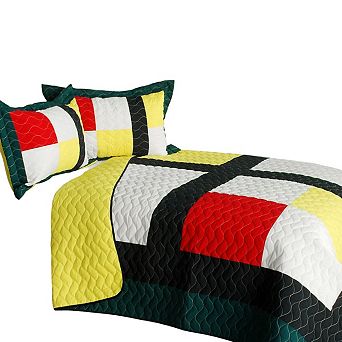 Geometric Patchwork Quilt Set Full Queen Vermicelli Quilted Bed Cover with Shams 3 pc