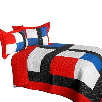 Geometric Patchwork Quilt Set Full Queen Vermicelli Quilted Bed Cover with Shams 3 pc