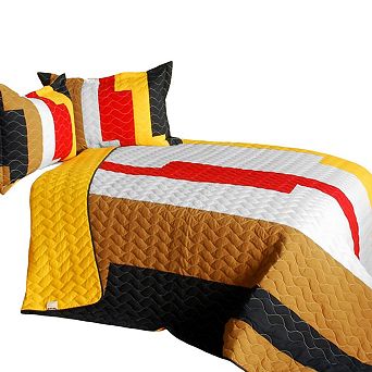 3 pc Patchwork Lines Quilt Vermicelli Quilted Bedding with Shams