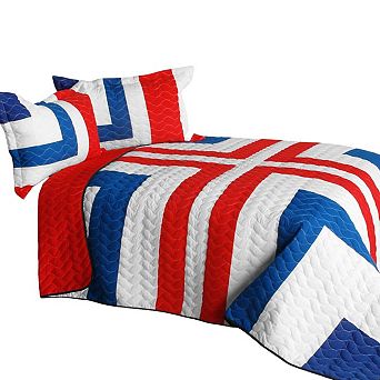 Reversible Geometric Quilt Set with Shams 3 pc Patchwork Stitching Lightweight Bedspread