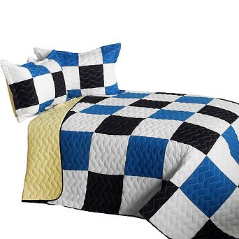 3 pc Plaid Patchwork Quilt Vermicelli Quilted Bedding Set with Matching Pillow Shams