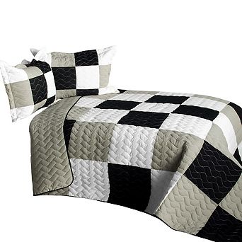 3 pc Plaid Patchwork Quilt Vermicelli Quilted Bedding Set with Matching Pillow Shams