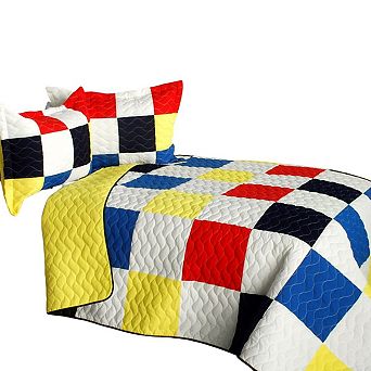 3 pc Plaid Patchwork Quilt Vermicelli Quilted Bedding Set with Matching Pillow Shams