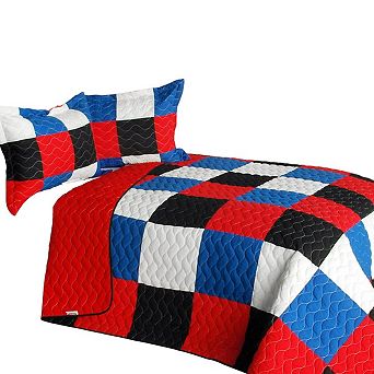 3 pc Plaid Patchwork Quilt Vermicelli Quilted Bedding Set with Matching Pillow Shams