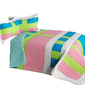 3 pc Geometric Patchwork Quilt Bedding Set TC Fabric Quilted Bedspread with Shams