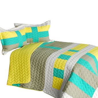 3 pc Geometric Patchwork Quilt Bedding Set TC Fabric Quilted Bedspread with Shams