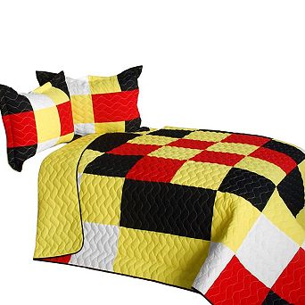 3 pc Vermicelli Quilted Plaid Bedspread Set With Coordinating Shams Machine Washable