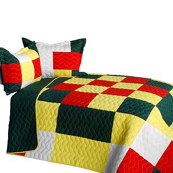 3 pc Vermicelli Quilted Plaid Bedspread Set With Coordinating Shams Machine Washable