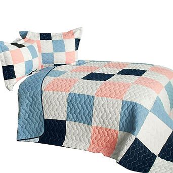 3 pc Plaid Patchwork Quilt Vermicelli Quilted Bedding Set with Matching Pillow Shams
