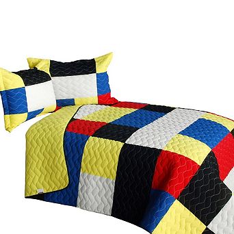 3 pc Plaid Patchwork Quilt Vermicelli Quilted Bedding Set with Matching Pillow Shams